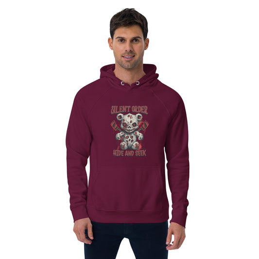 Man wearing a maroon hoodie with a graphic design on a white background