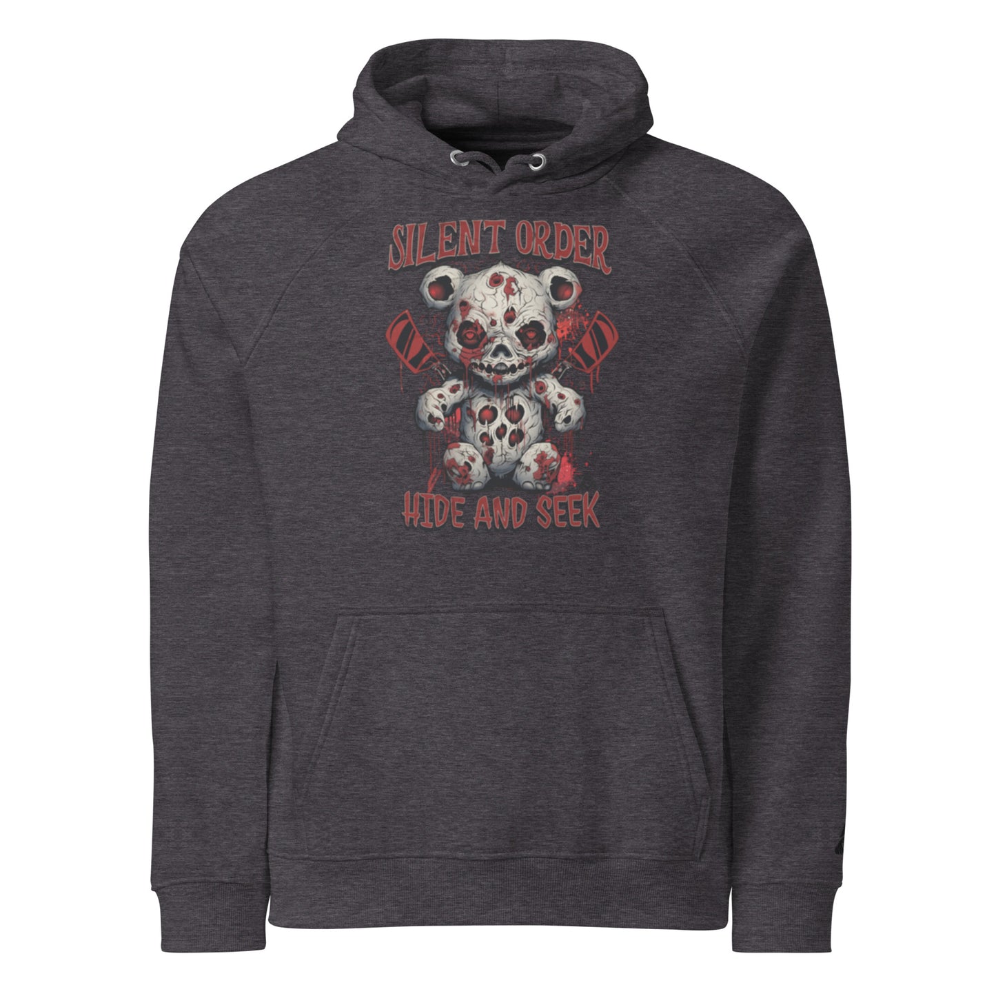 Dark gray hoodie with a graphic design of a teddy bear and text on a white background
