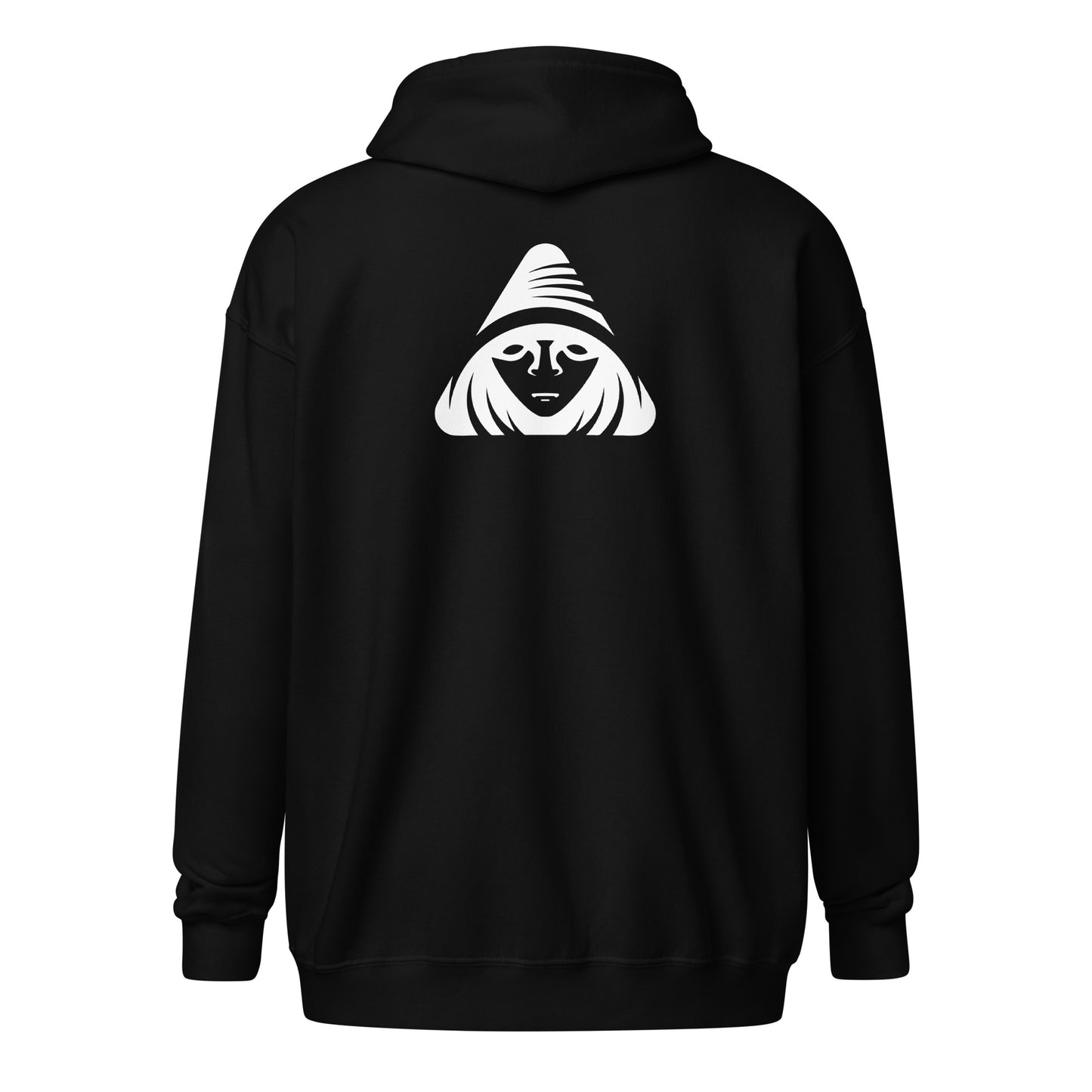 Black hoodie with a white graphic on the back against a white background