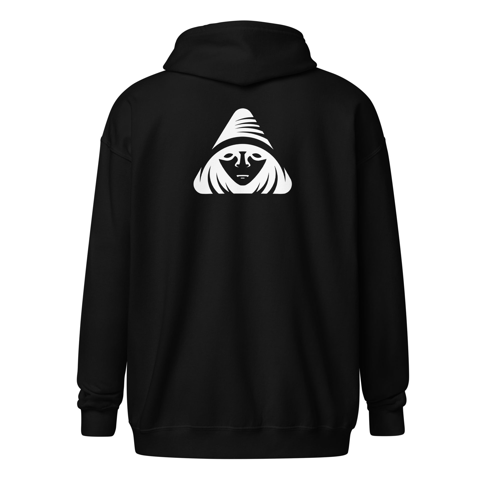 Black hoodie with a white graphic on the back against a white background