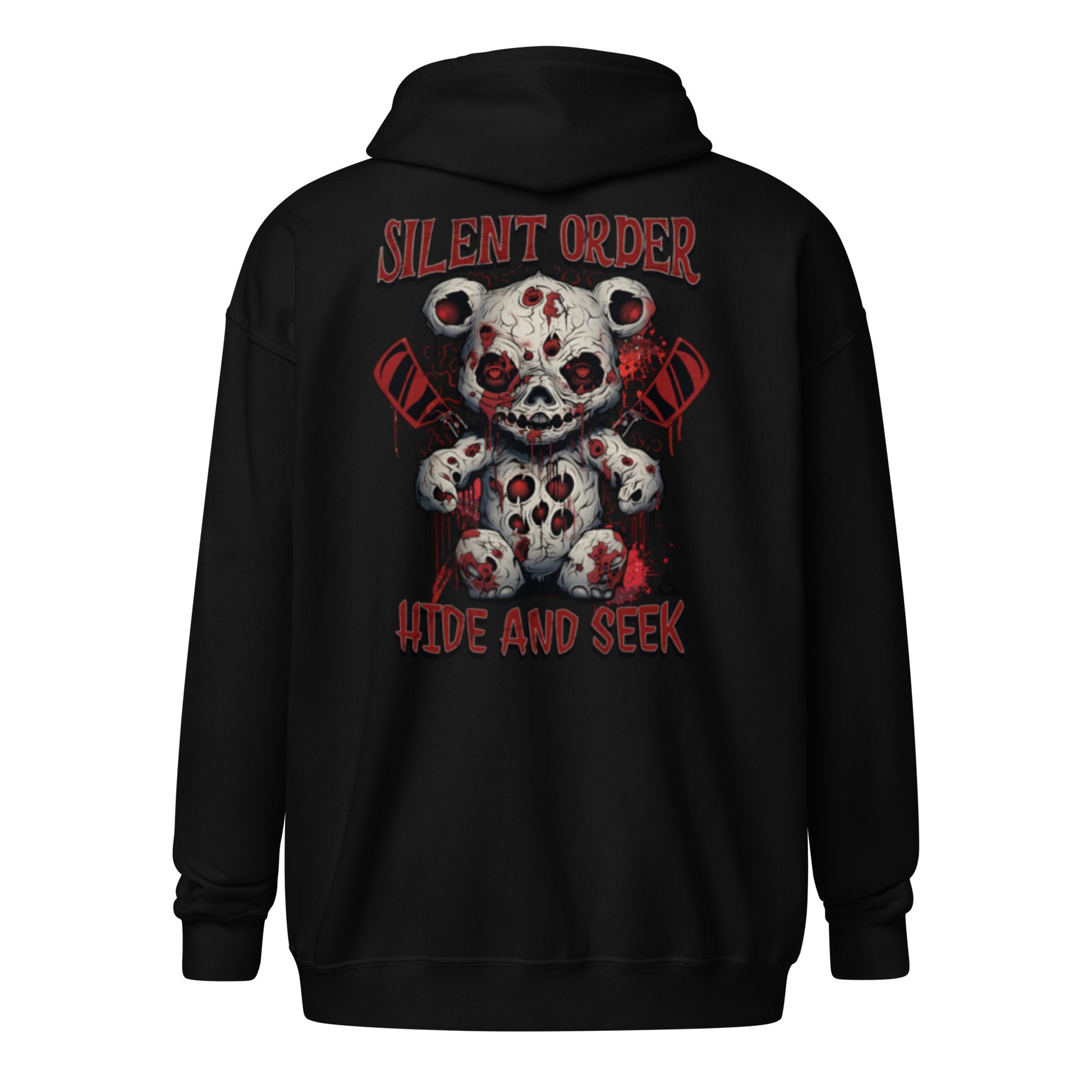 Black hoodie with a graphic design of a bear and text on the back, on a white background.