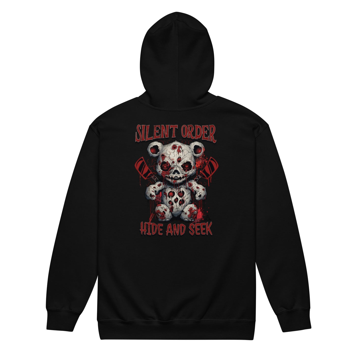 Black hoodie with a graphic design of a teddy bear and text on the back, on a white background.