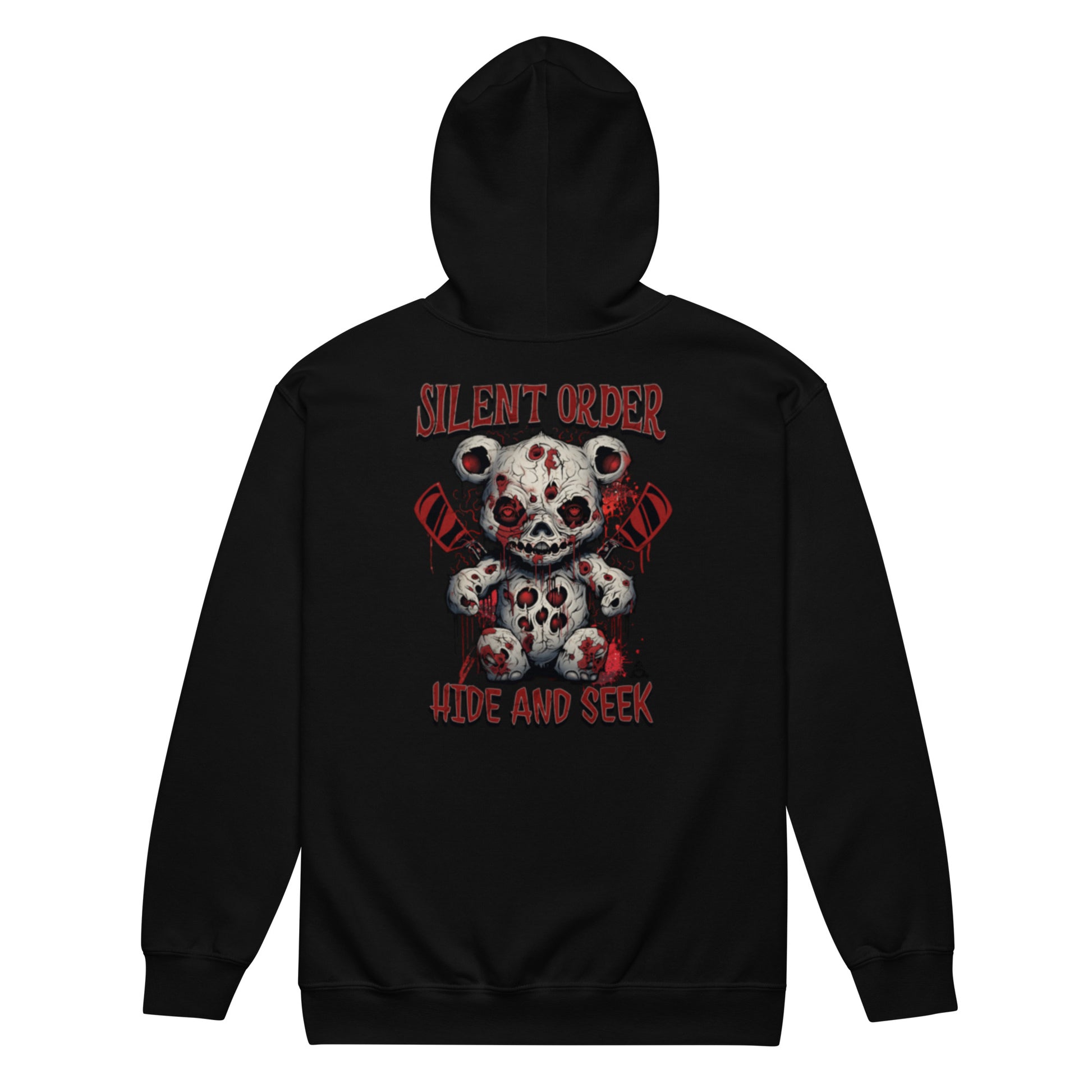 Black hoodie with a graphic design of a teddy bear and text on the back, on a white background.