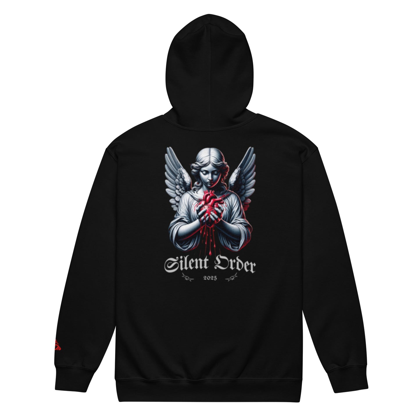 Black hoodie with an angel graphic and 'Silent Order' text on a white background