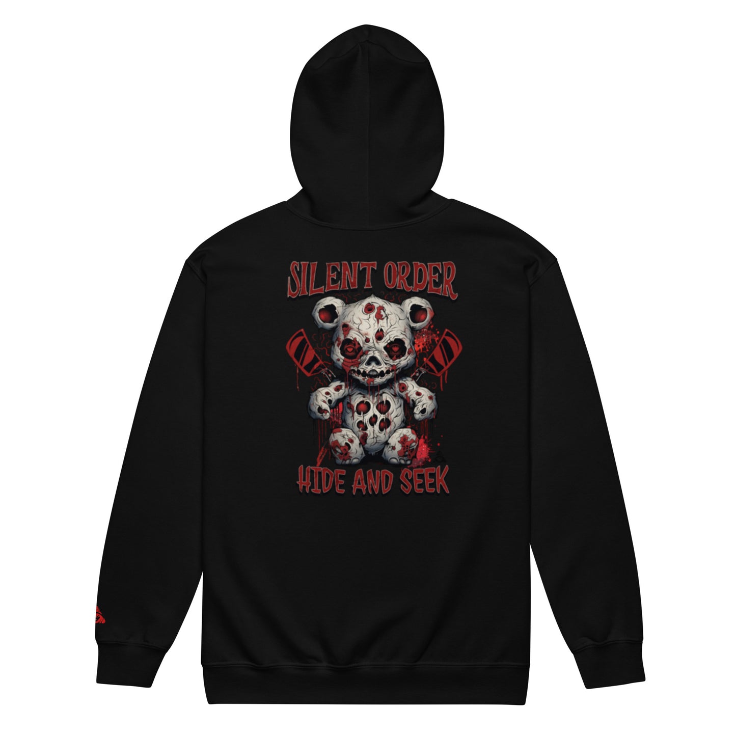 Black hoodie with a graphic design of a bear and text on the back, on a white background.