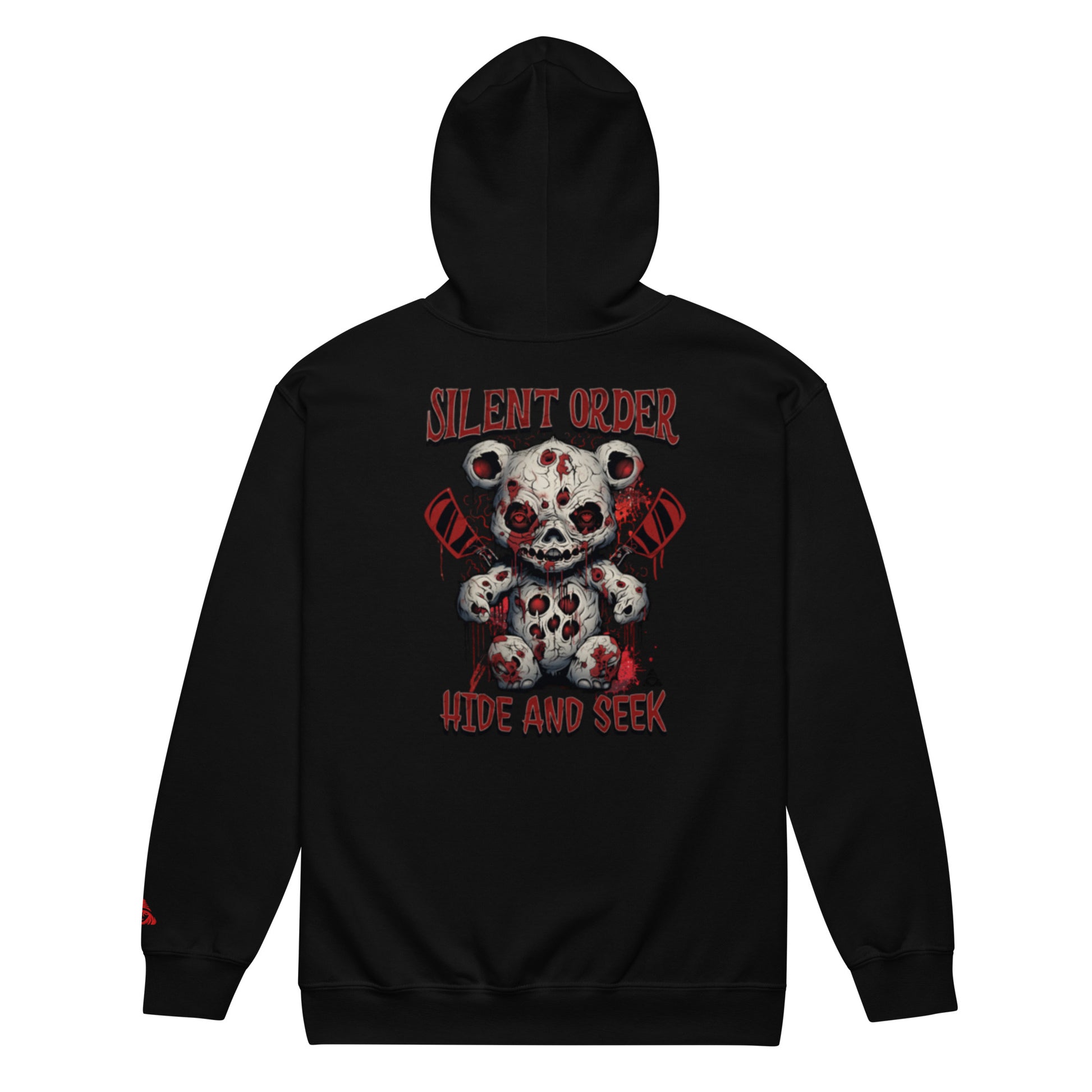Black hoodie with a graphic design of a bear and text on the back, on a white background.