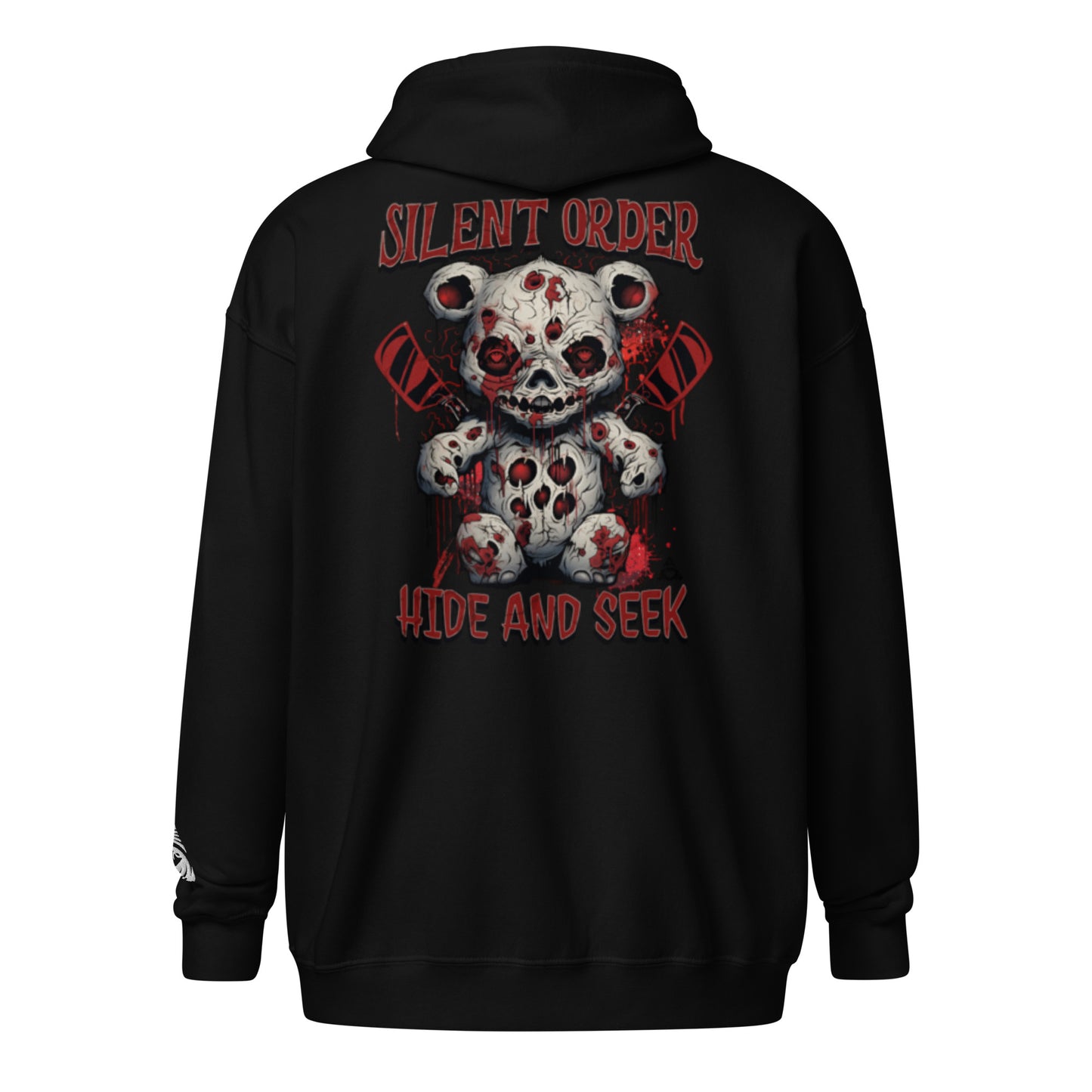 Black hoodie with a graphic design on the back featuring a bear with a skull face and text.