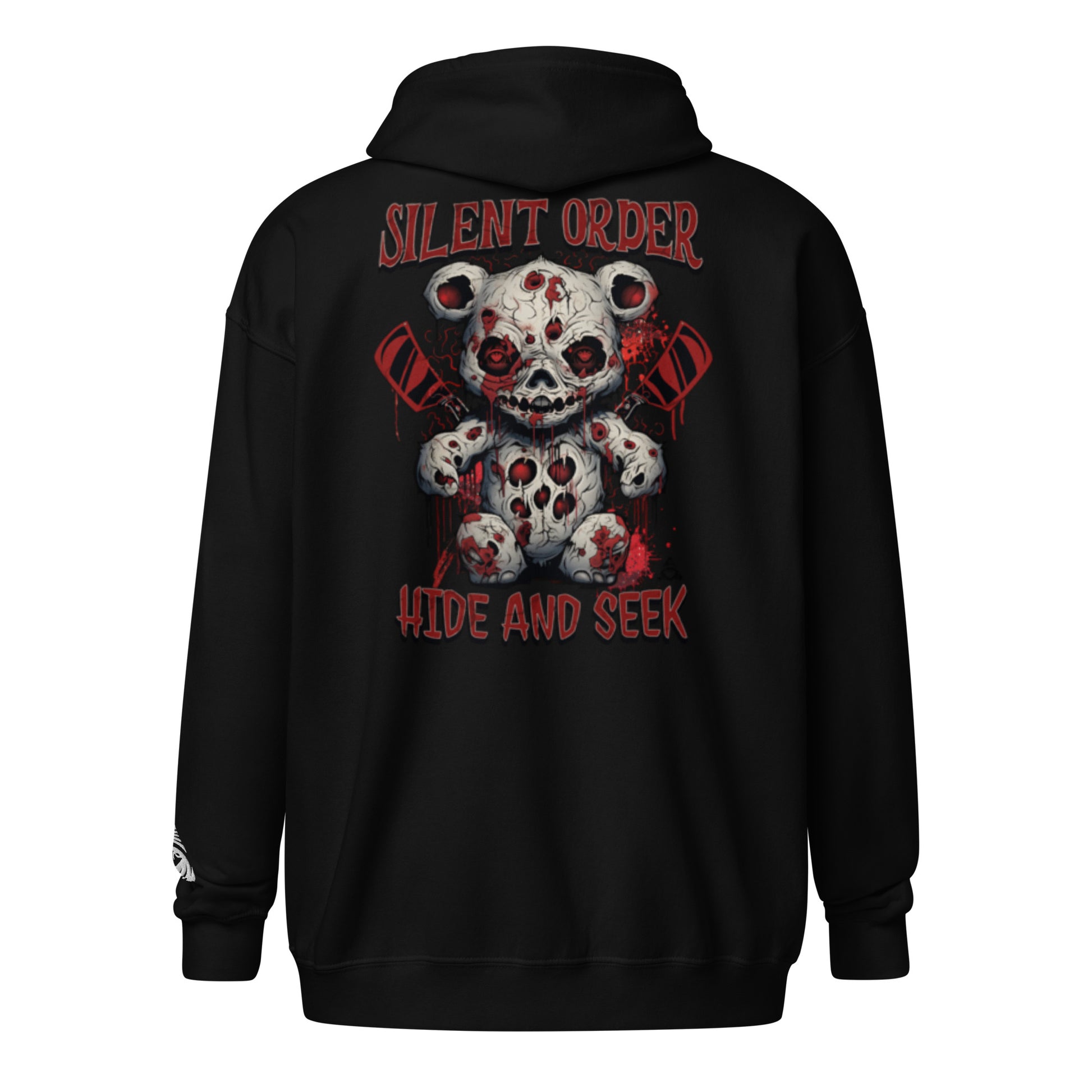 Black hoodie with a graphic design on the back featuring a bear with a skull face and text.