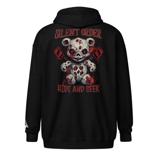 Black hoodie with a graphic design on the back featuring a bear with a skull face and text.