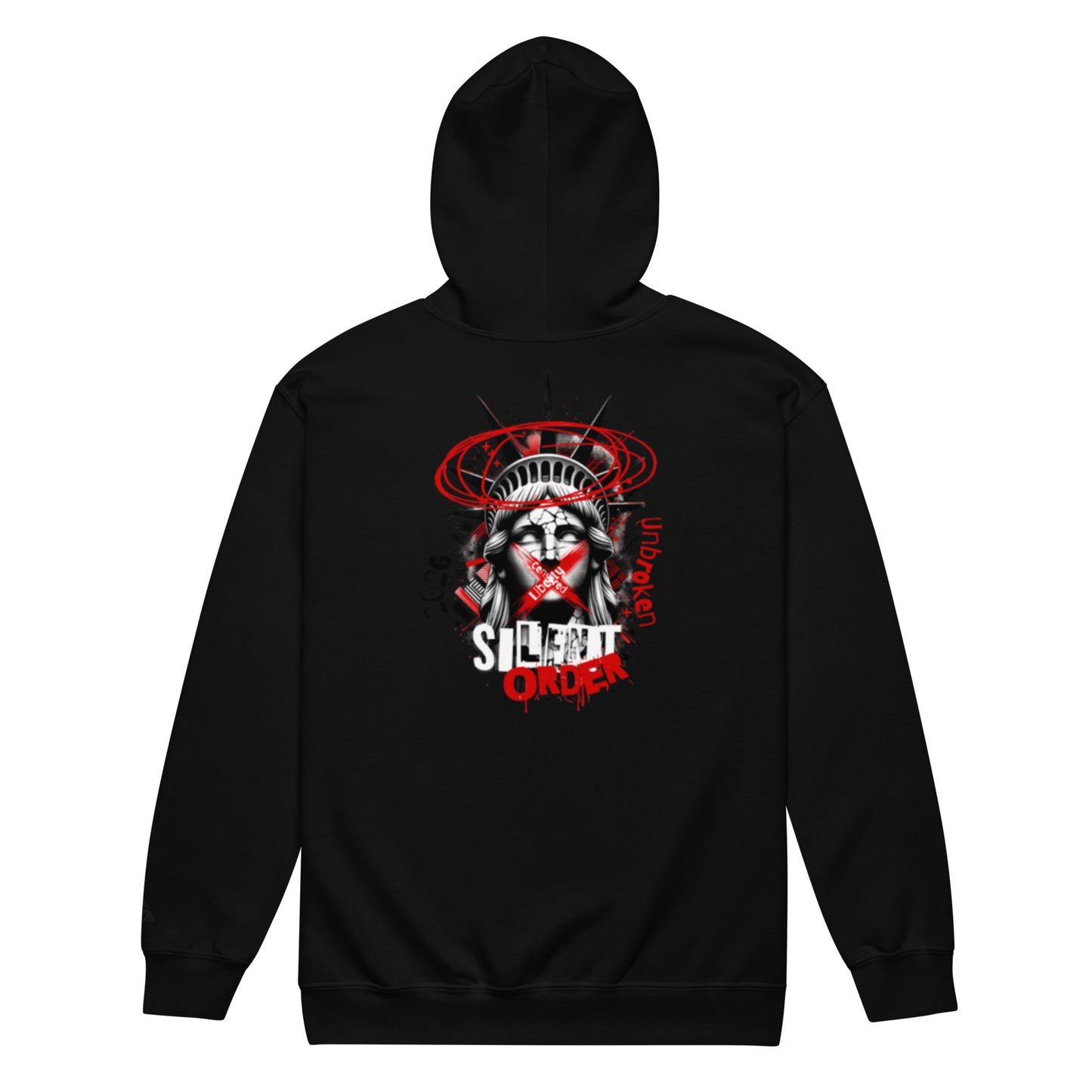 Black hoodie with a graphic design on the back featuring the Statue of Liberty and text.