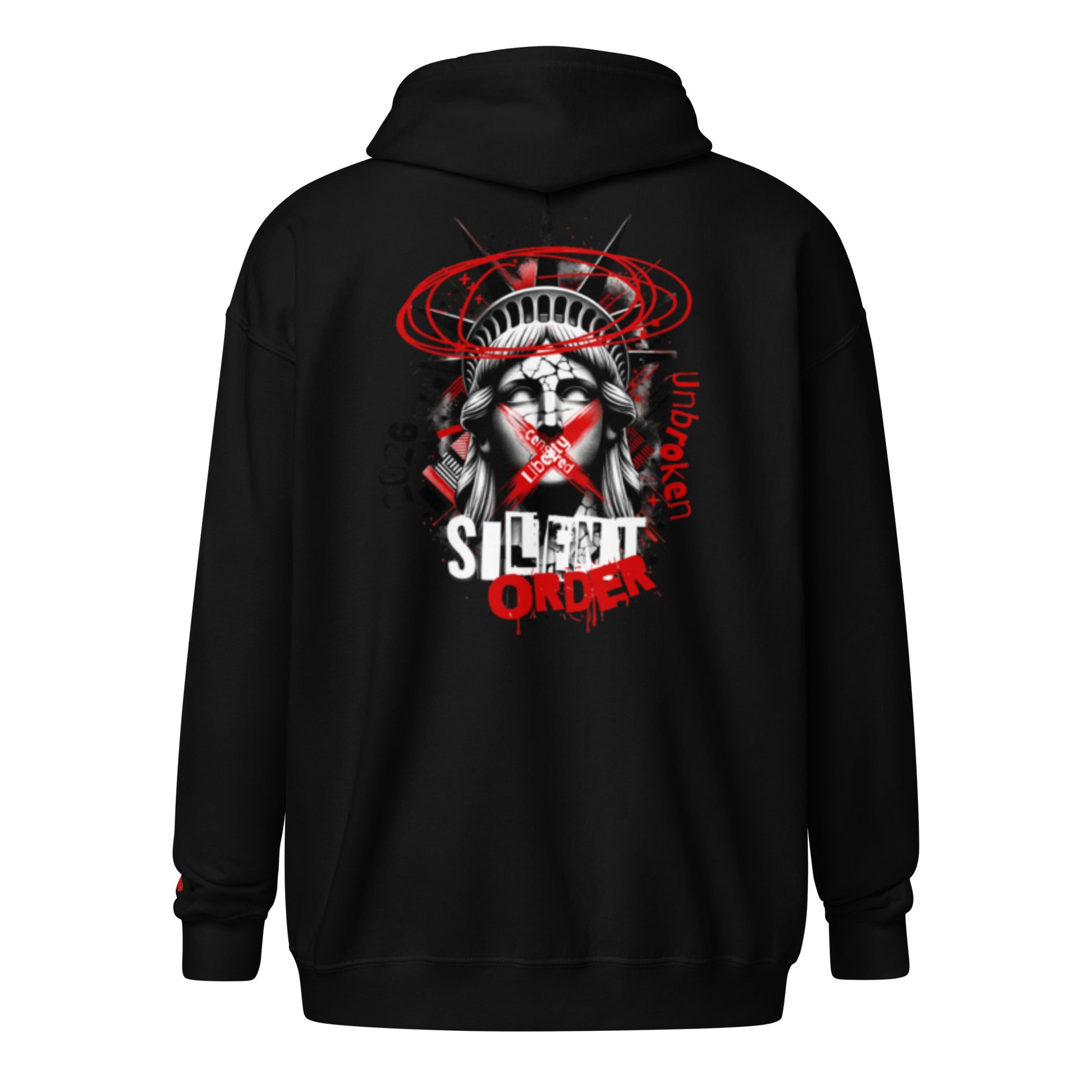 Black hoodie with a graphic design on the back featuring a stylized face and text, on a white background.