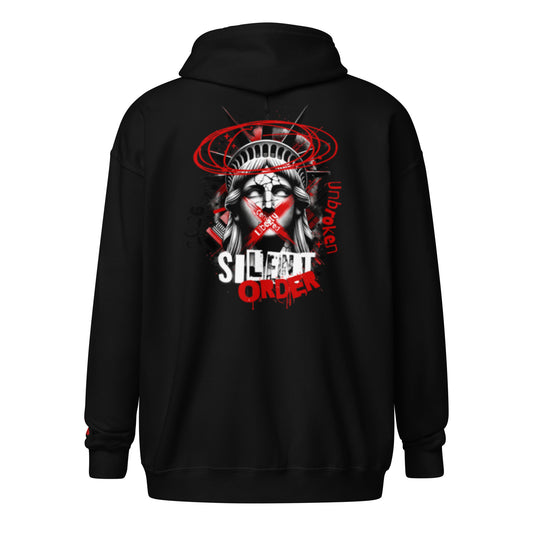 Black hoodie with a graphic design on the back featuring a stylized face and text, on a white background.