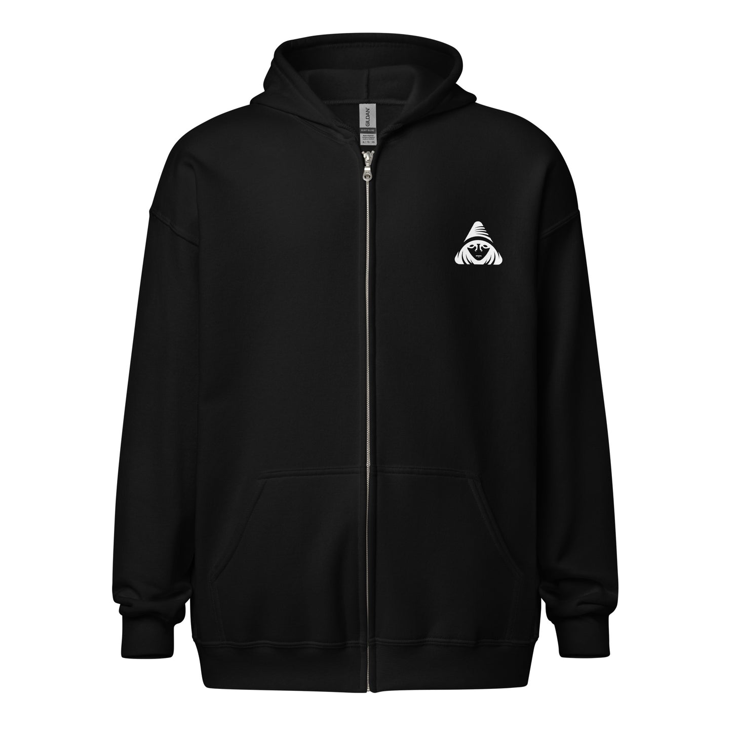 Black hoodie with a white logo on a white background