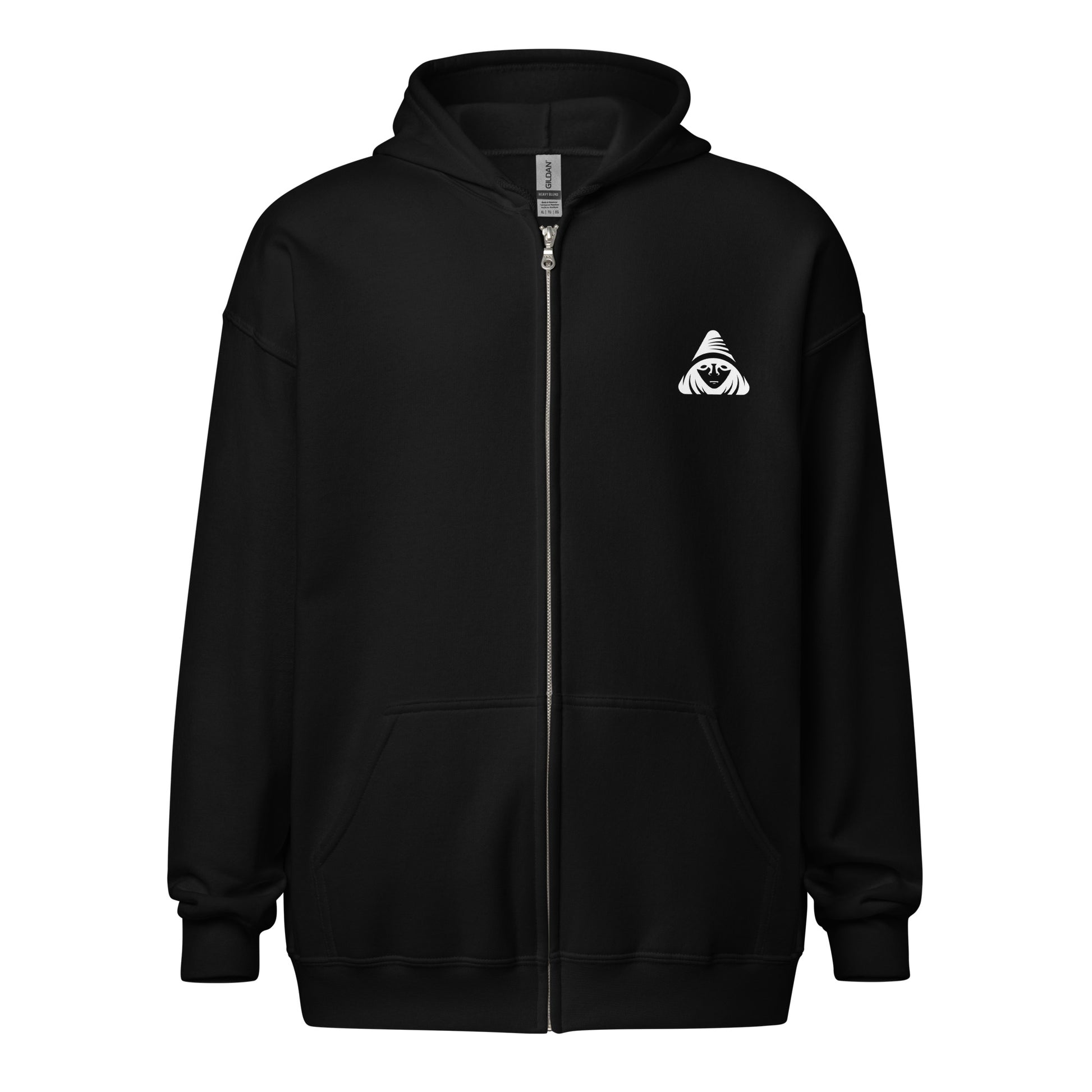 Black hoodie with a white logo on a white background