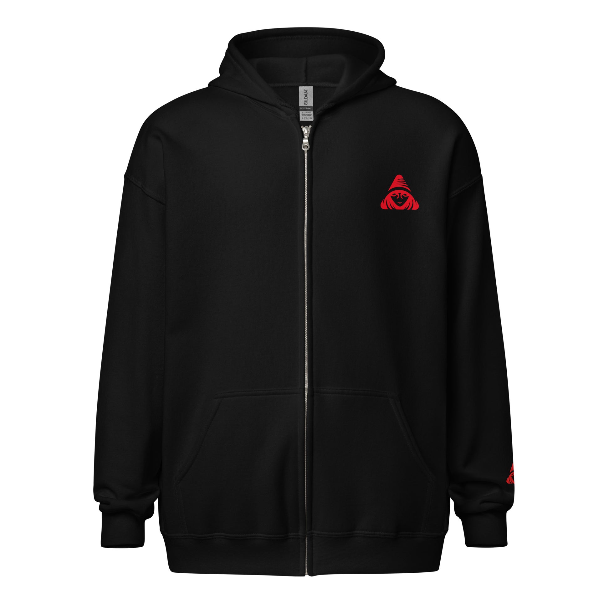 Black hoodie with a red logo on a white background