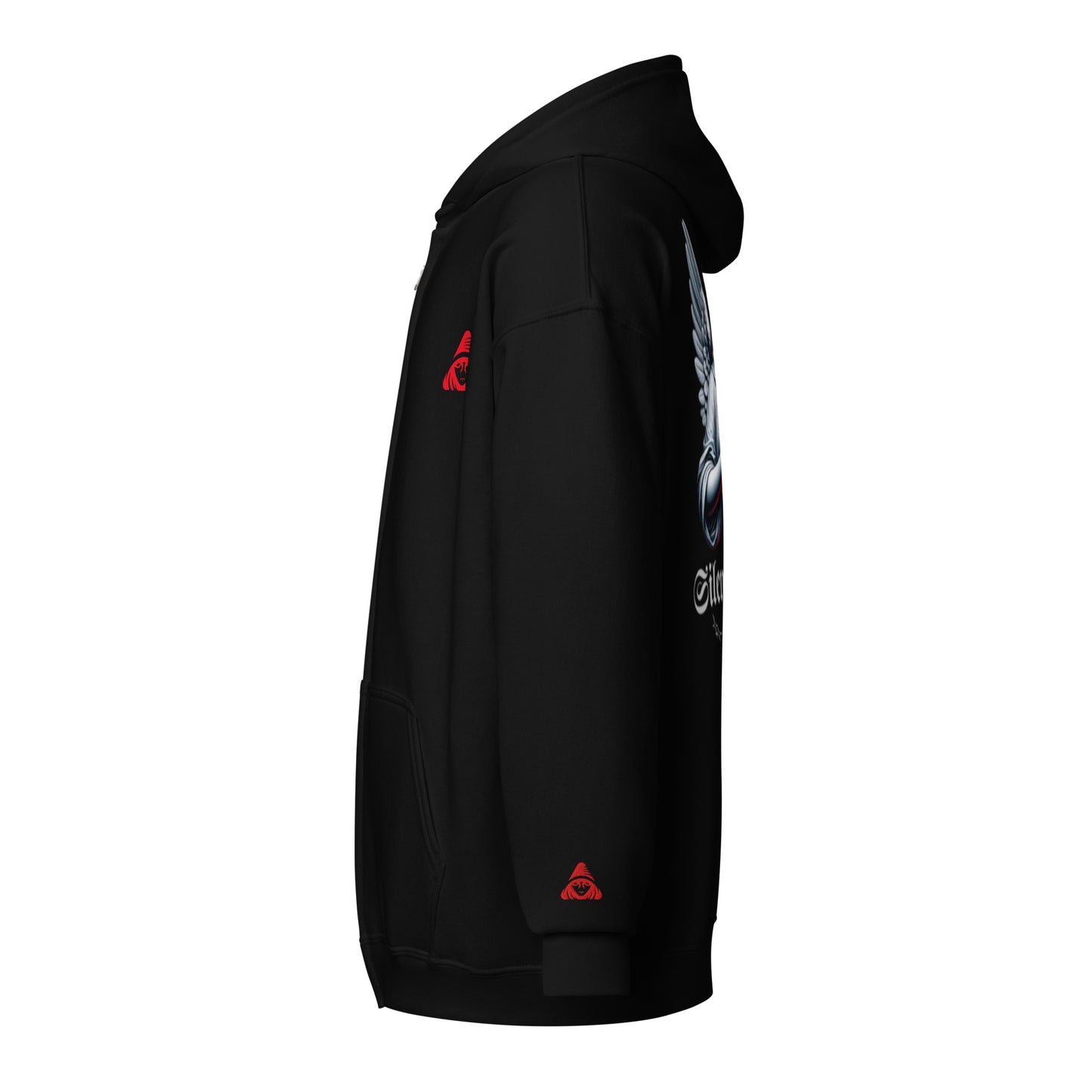 Black hoodie with red logo on a white background