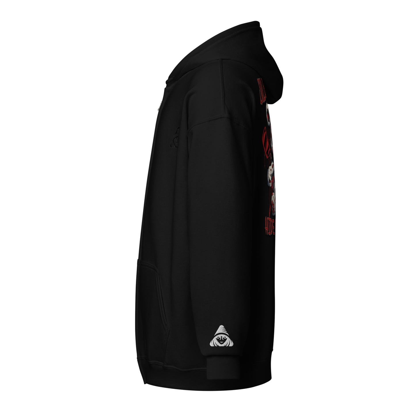 Black hoodie with a logo on the chest against a white background