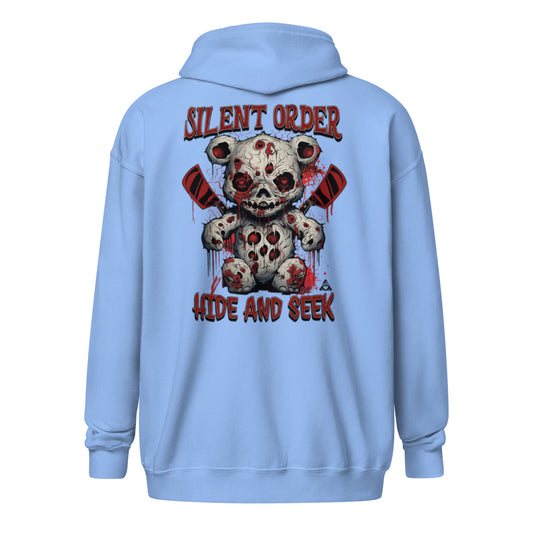 Light blue hoodie with a graphic design of a teddy bear and text on the back, on a white background.