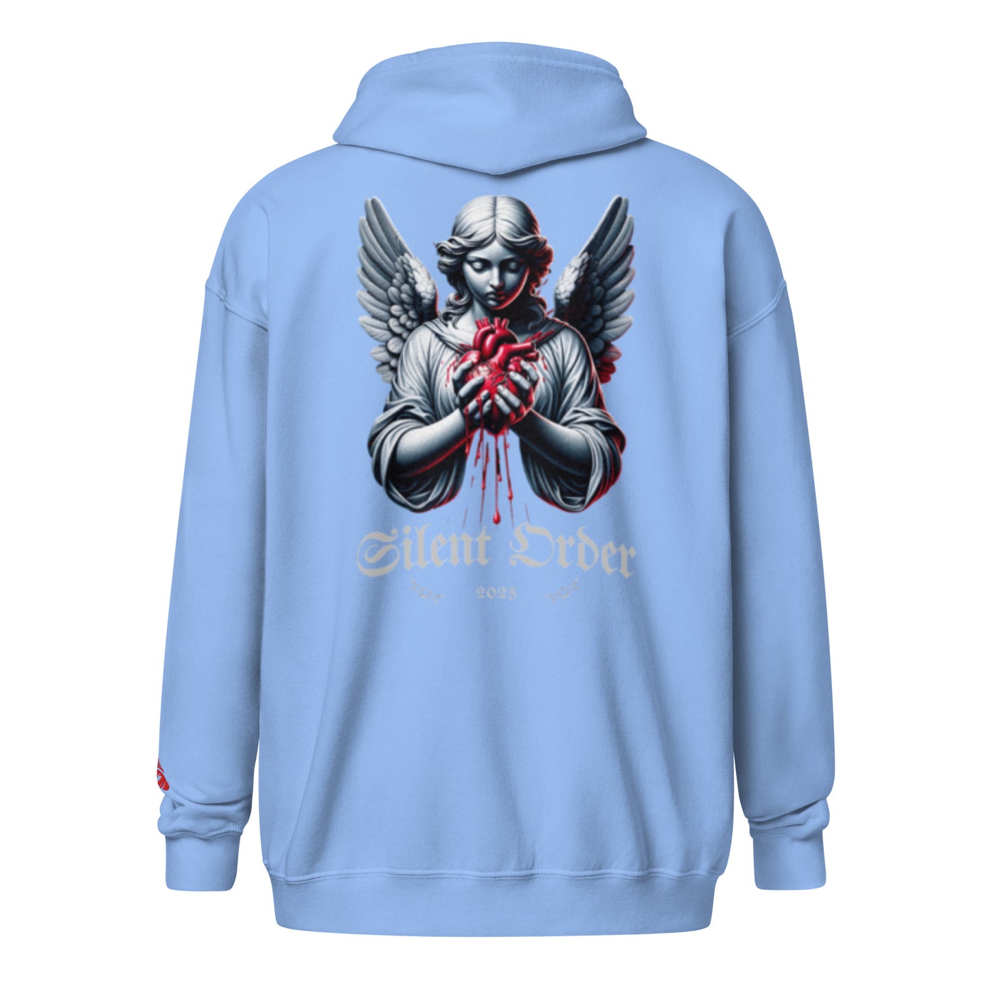 Light blue hoodie with an angel graphic and 'Silent Order' text on the back against a white background