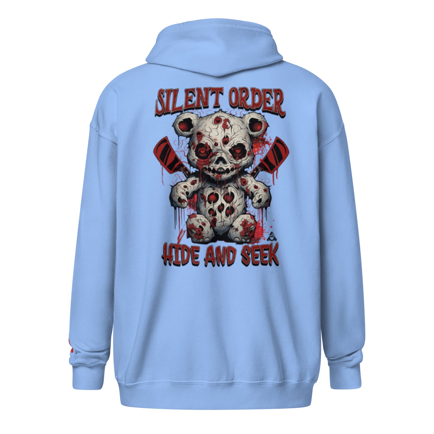 Light blue hoodie with a graphic design of a teddy bear and text on the back, on a white background.