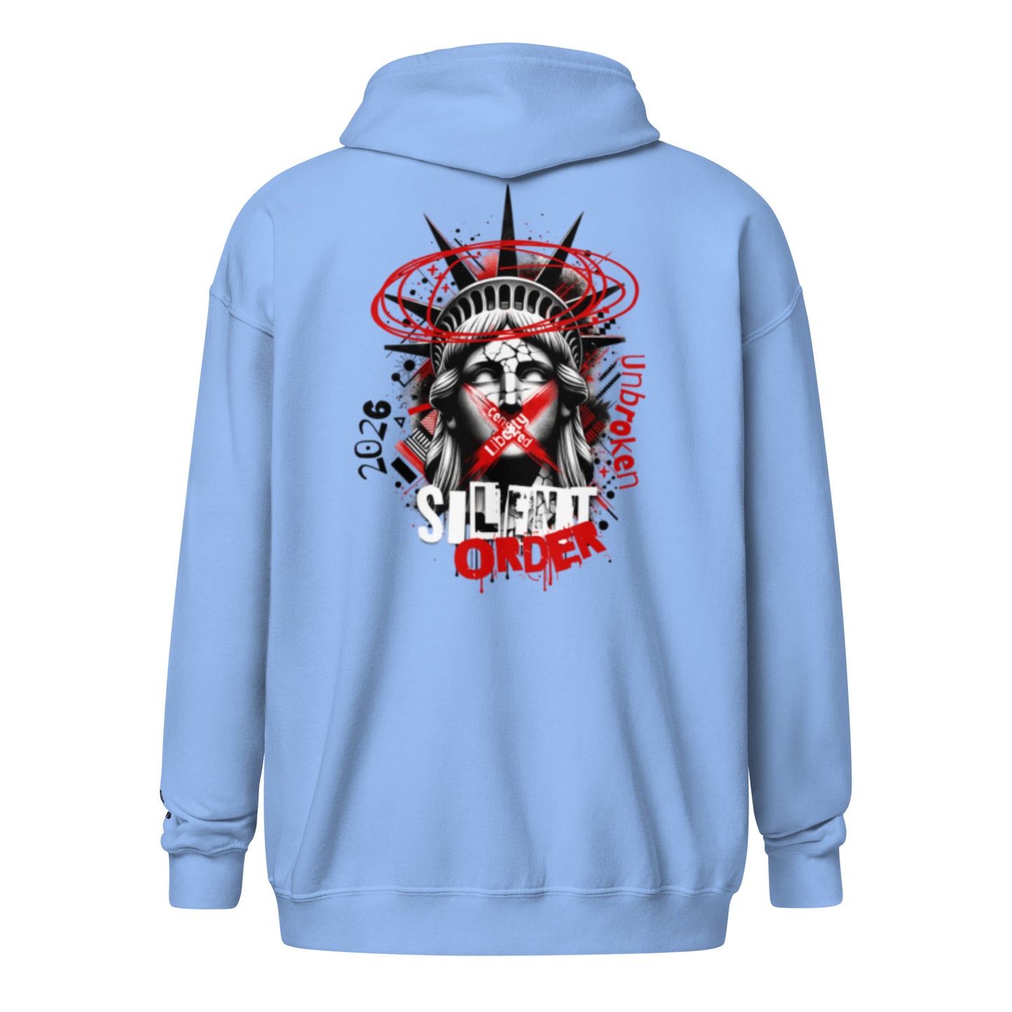 Light blue hoodie with a graphic design on the back featuring a stylized face of Liberty with text.