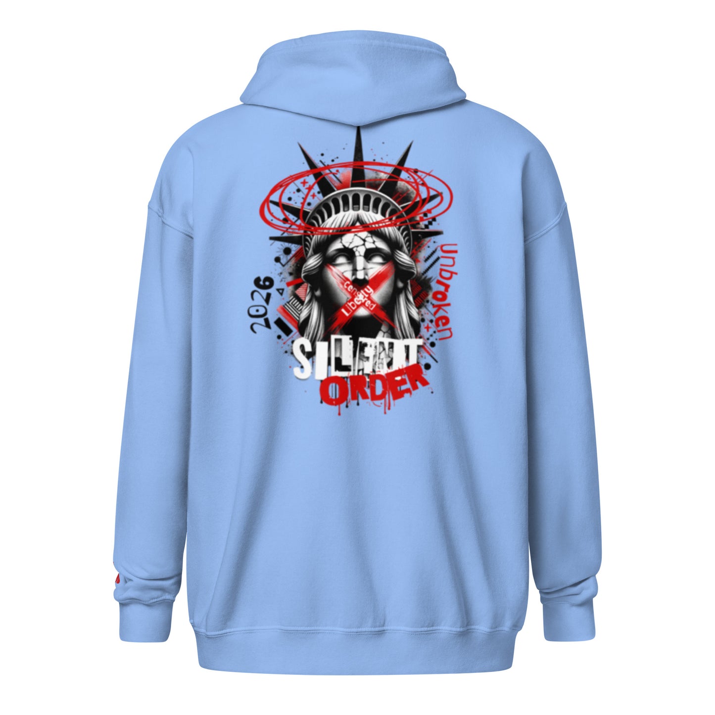 Light blue hoodie with a graphic design on the back featuring the Statue of Liberty.
