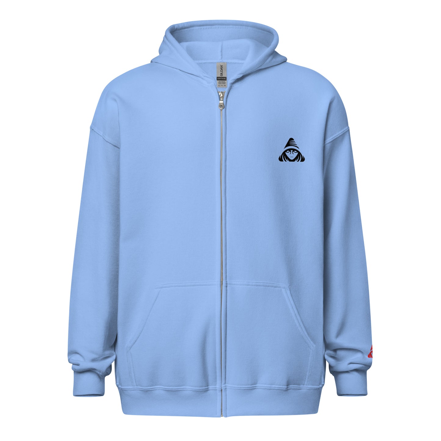 Light blue hoodie with a small logo on the chest against a white background