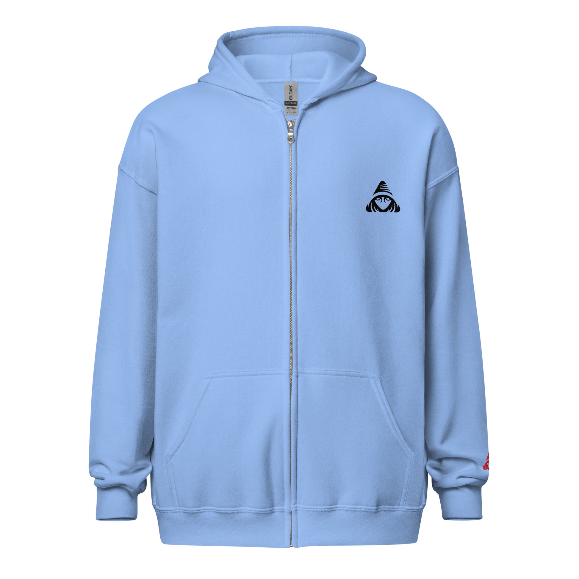 Light blue hoodie with a small logo on the chest against a white background