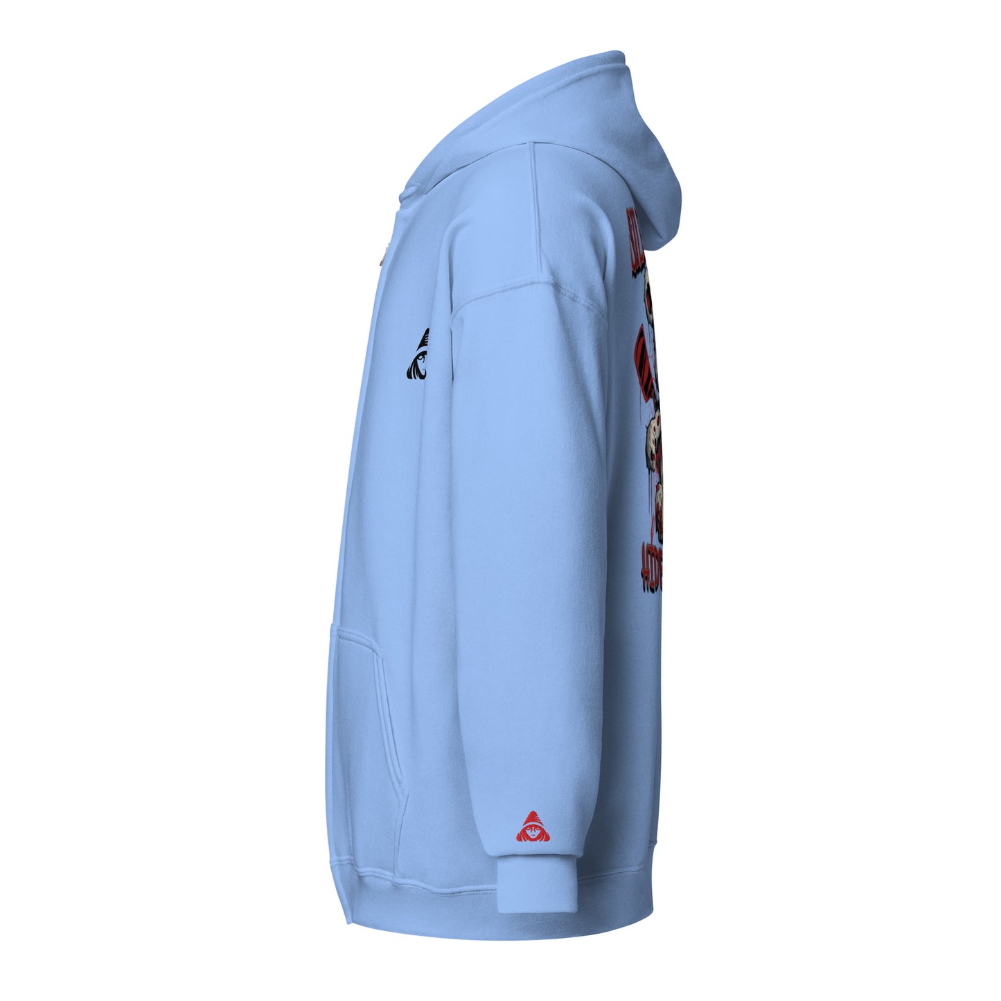 Light blue hoodie with brand logos on a white background