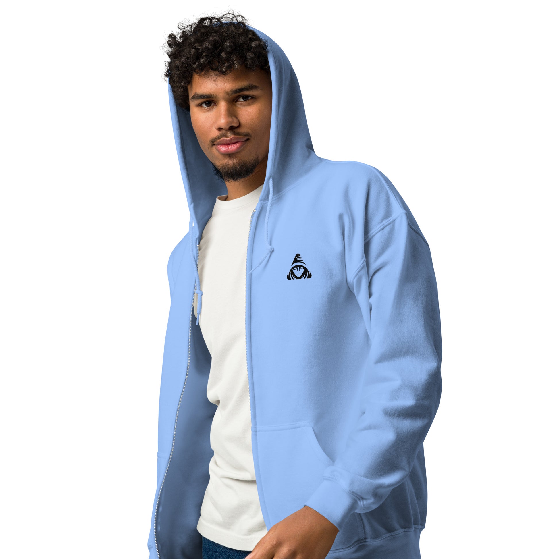 Person wearing a light blue hoodie with a logo on a white background