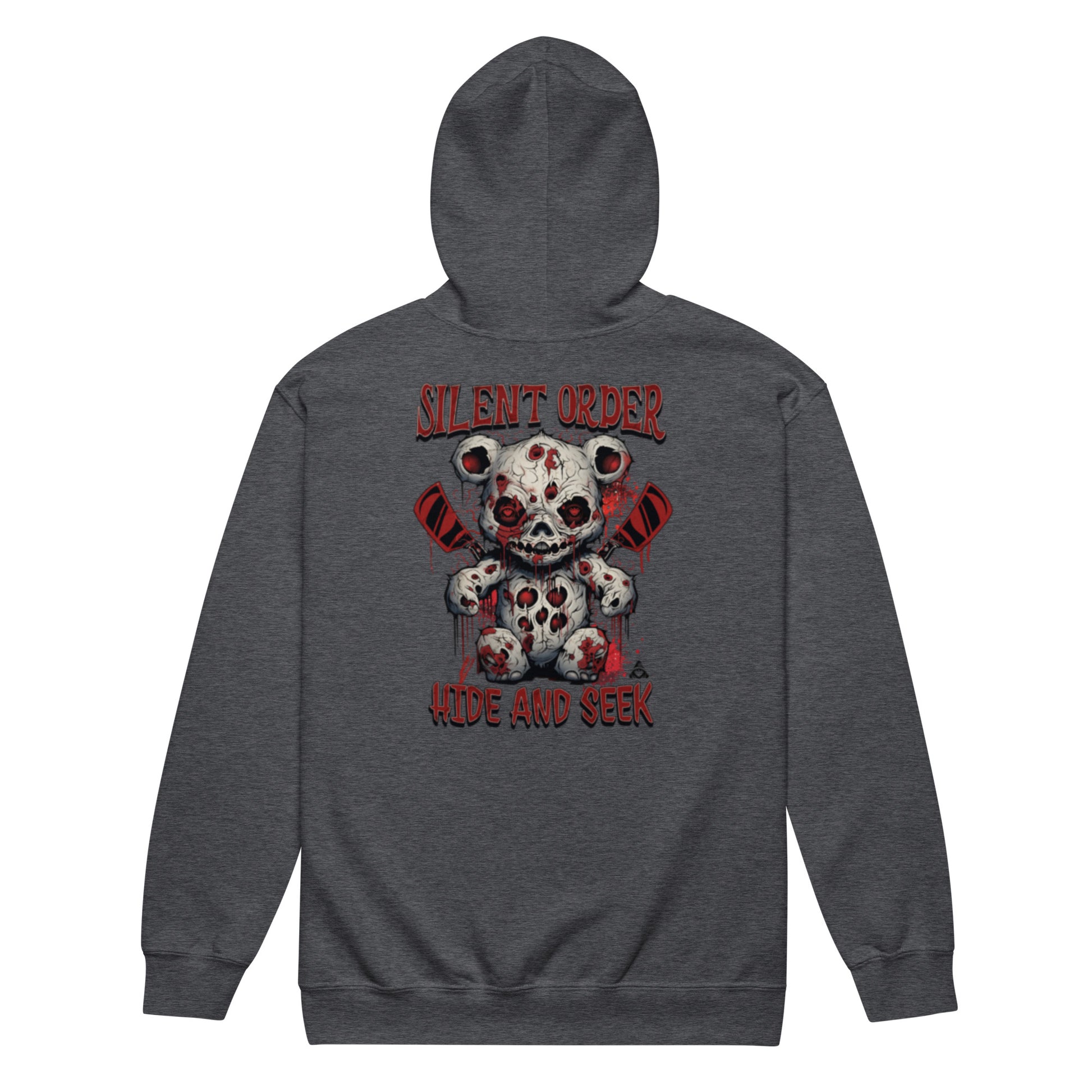 Gray hoodie with a graphic design of a teddy bear and text on the back, on a white background.