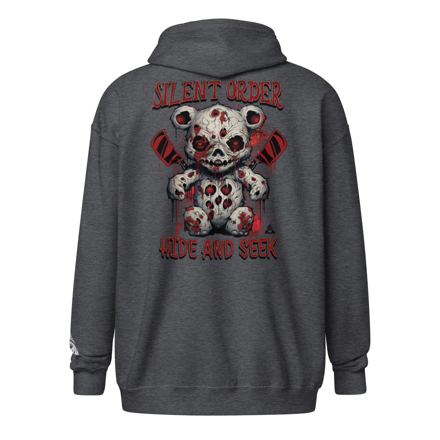 Gray hoodie with a graphic design of a skull bear and text on the back, on a white background.