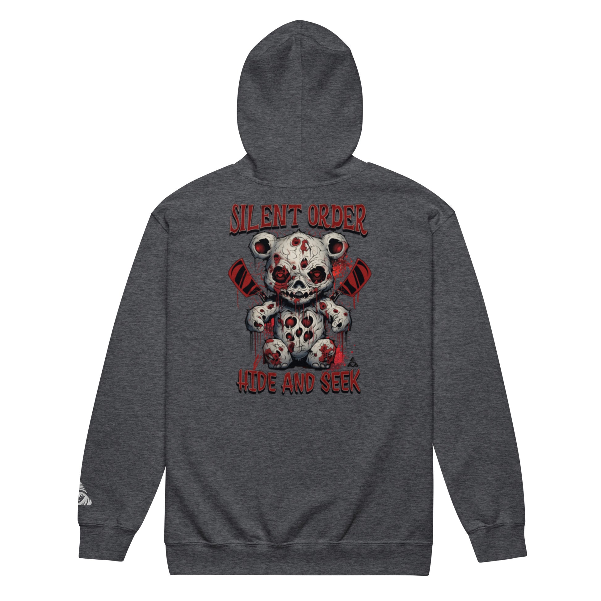 Gray hoodie with a graphic design on the back featuring a bear and text.