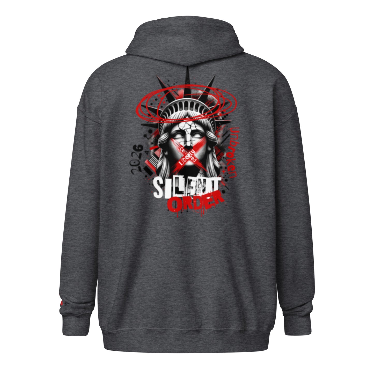 Gray hoodie with a graphic design on the back featuring the Statue of Liberty and text, on a white background.