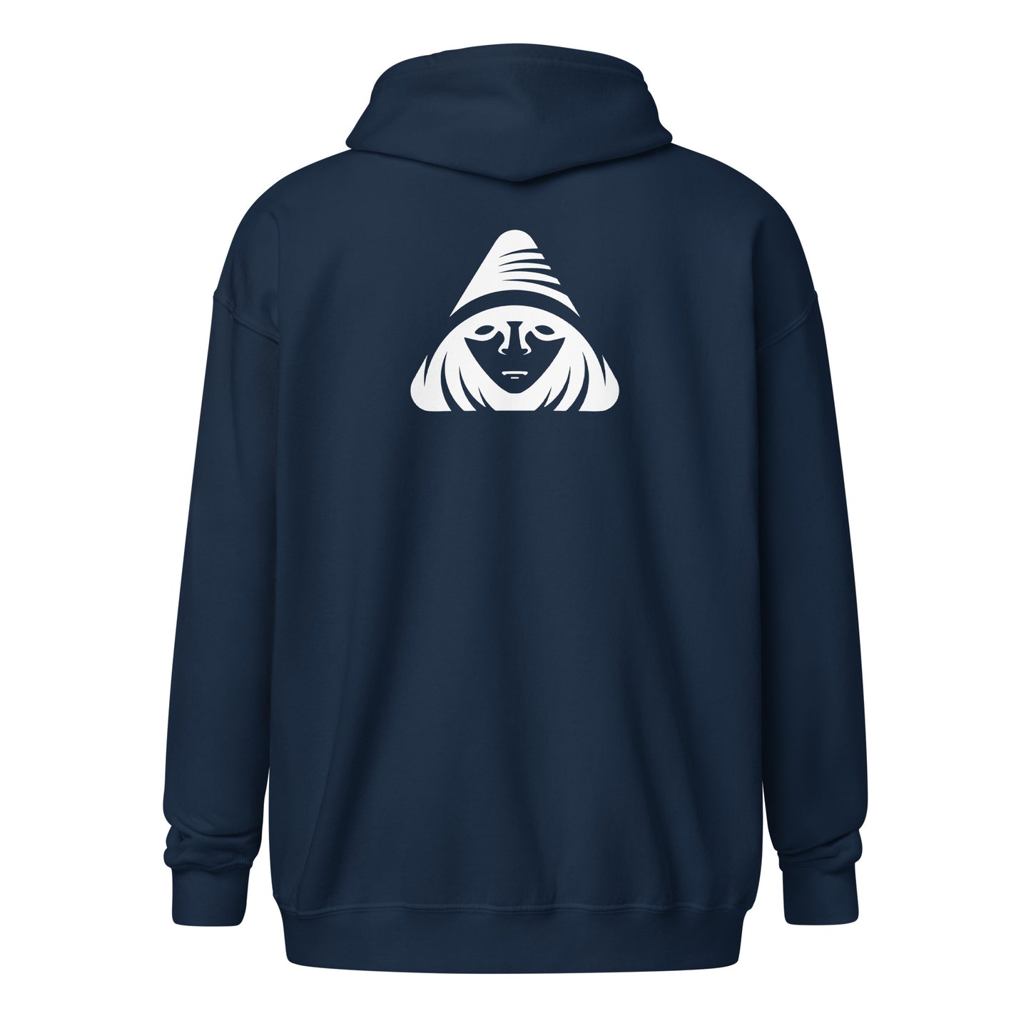 Navy blue hoodie with a white graphic on the back against a white background