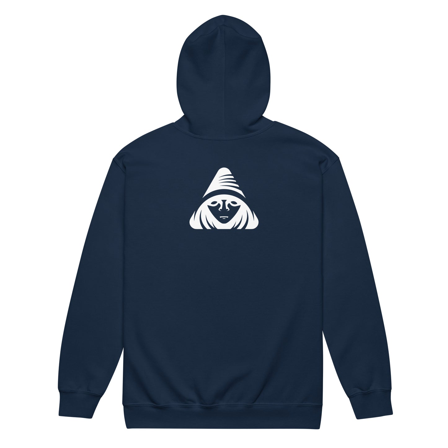 Navy blue hoodie with a white graphic on the back against a white background