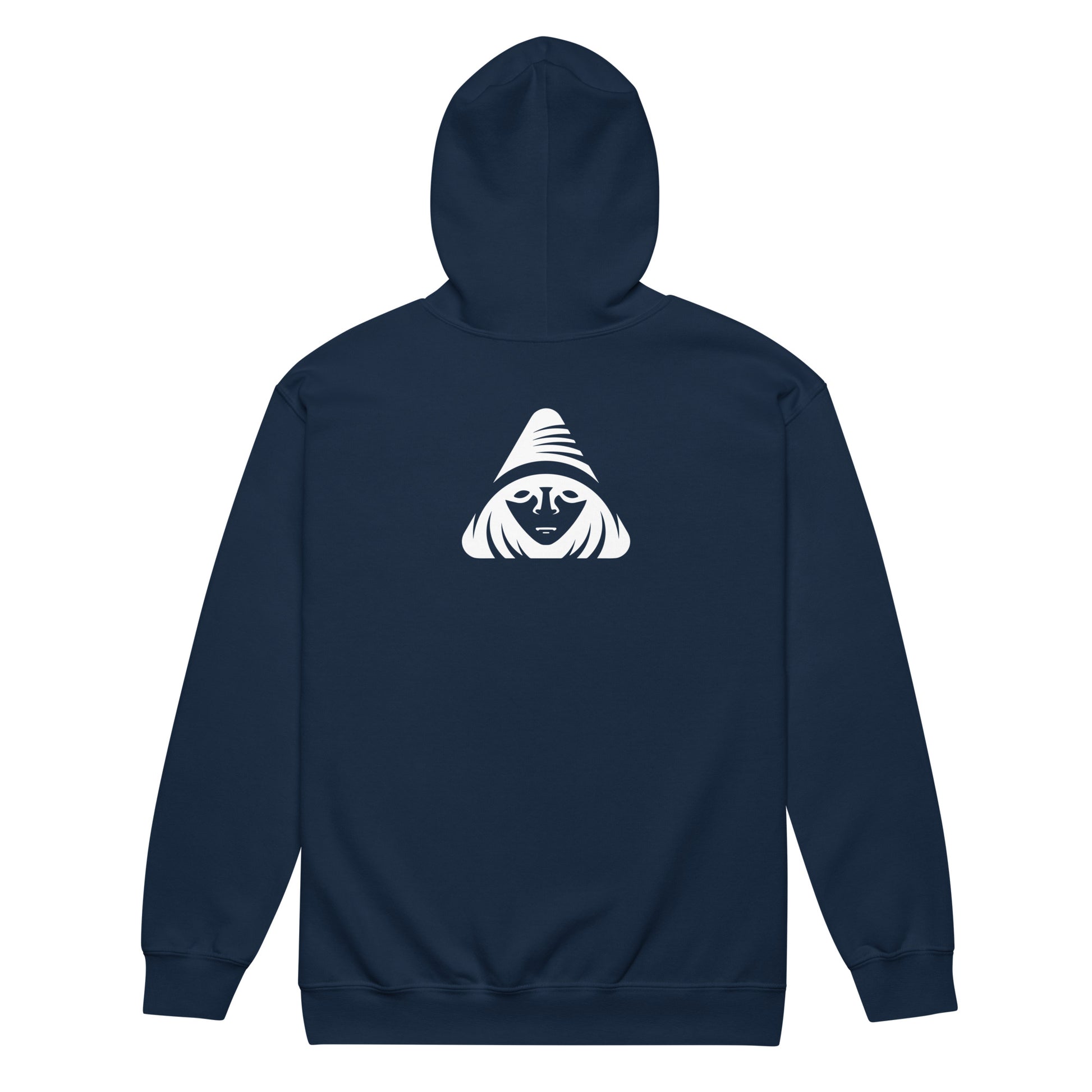 Navy blue hoodie with a white graphic on the back against a white background