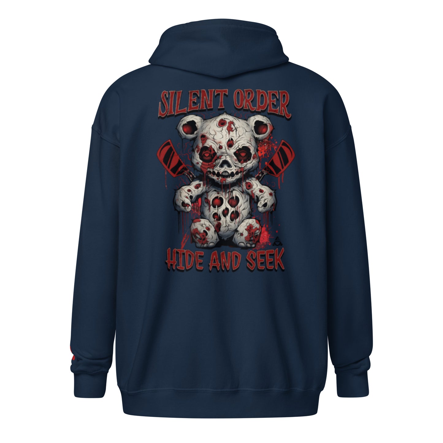 Navy blue hoodie with a graphic design of a bloody teddy bear and text on the back, on a white background.