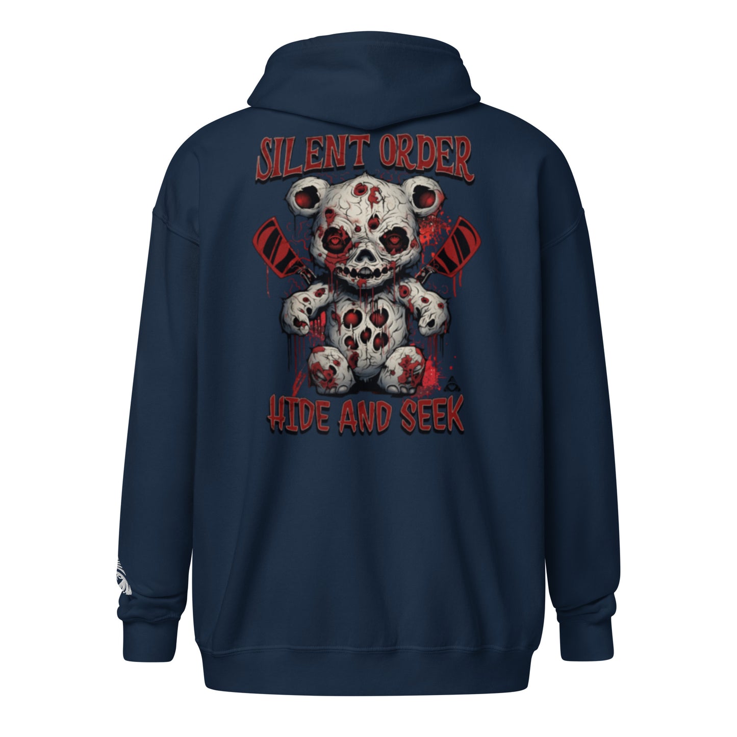 Navy blue hoodie with a graphic design on the back featuring a bear with a skull face and text.
