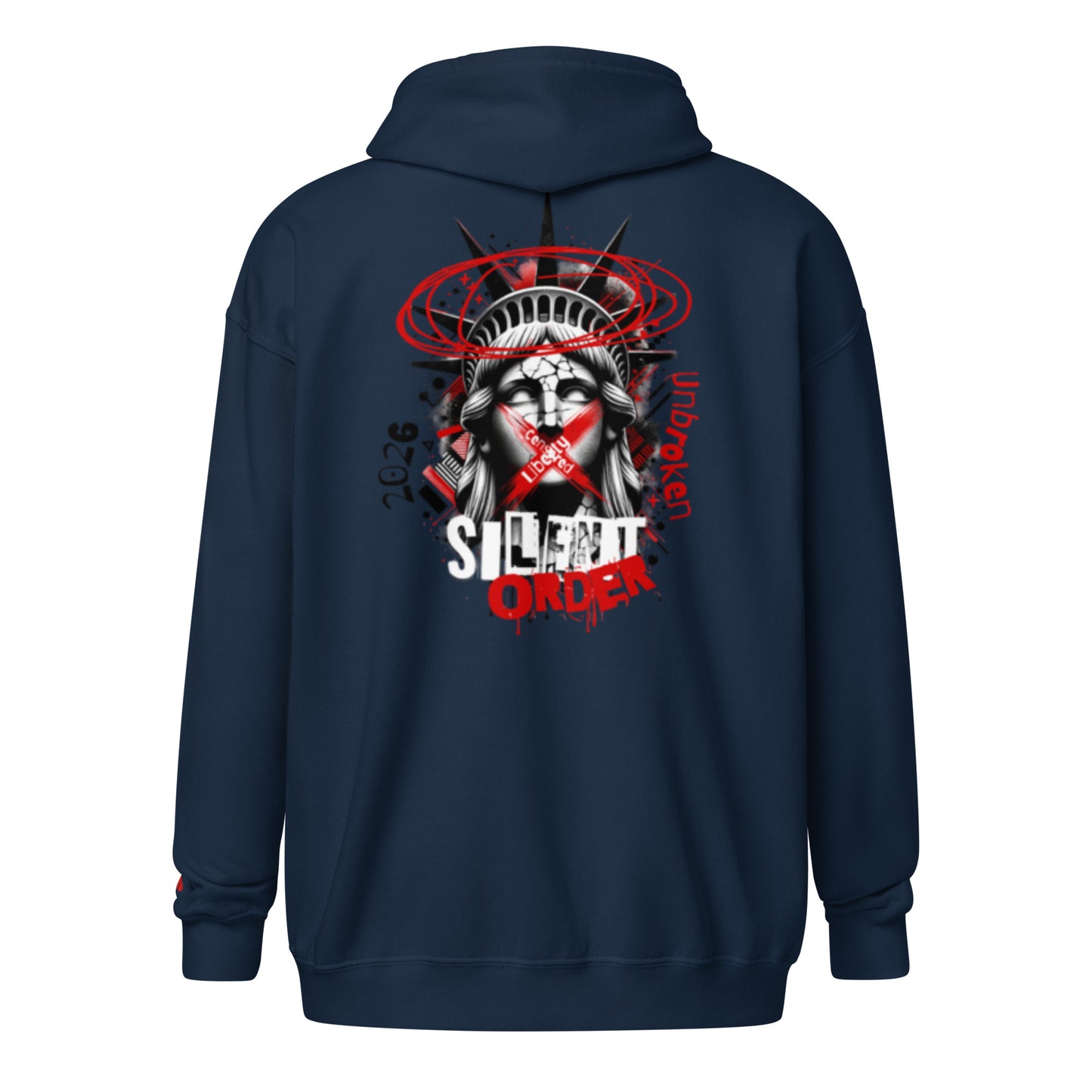 Navy blue hoodie with a graphic design on the back featuring a stylized face and text, on a white background.