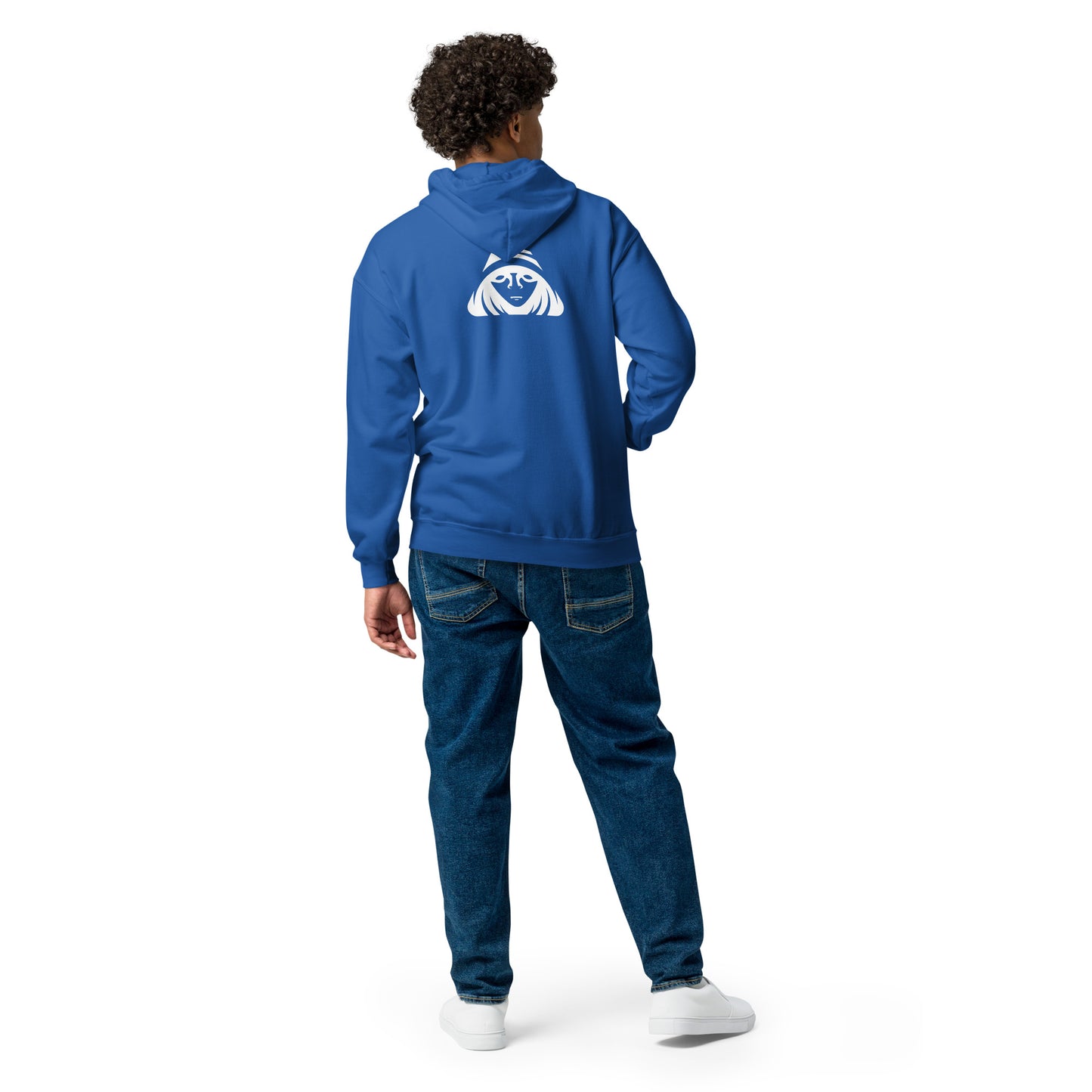 Person wearing a blue hoodie with a logo on the back, standing against a white background