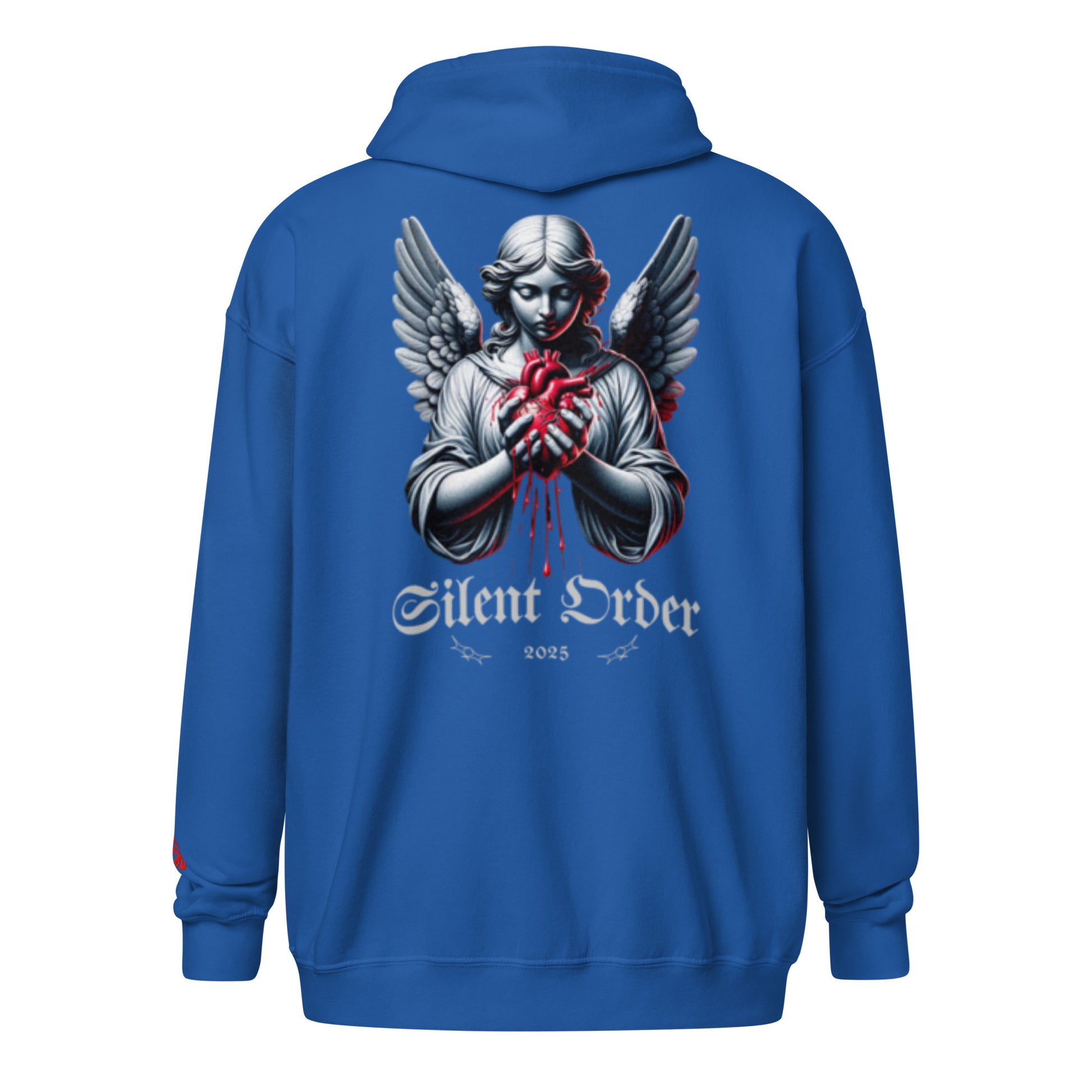 Blue hoodie with an angel graphic and 'Silent Order' text on the back, on a white background