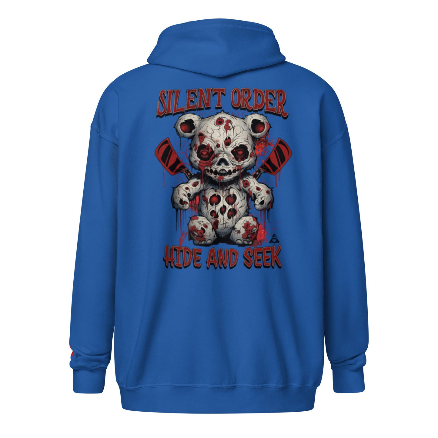Blue hoodie with a graphic design of a bloody teddy bear and text on the back, on a white background.