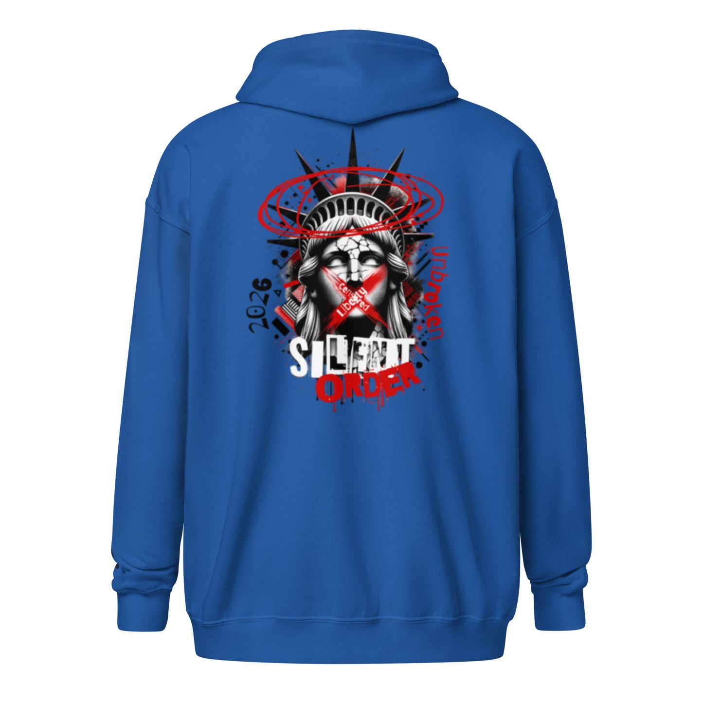 Blue hoodie with a graphic design on the back featuring a stylized face and text.