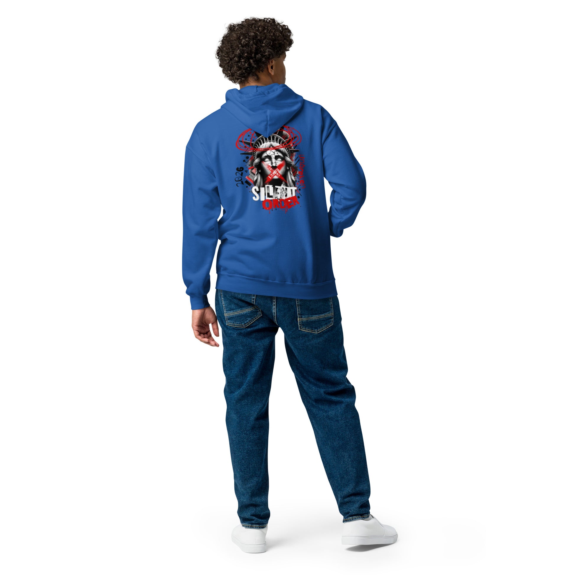 Person wearing a blue hoodie with a graphic design on the back, standing against a white background