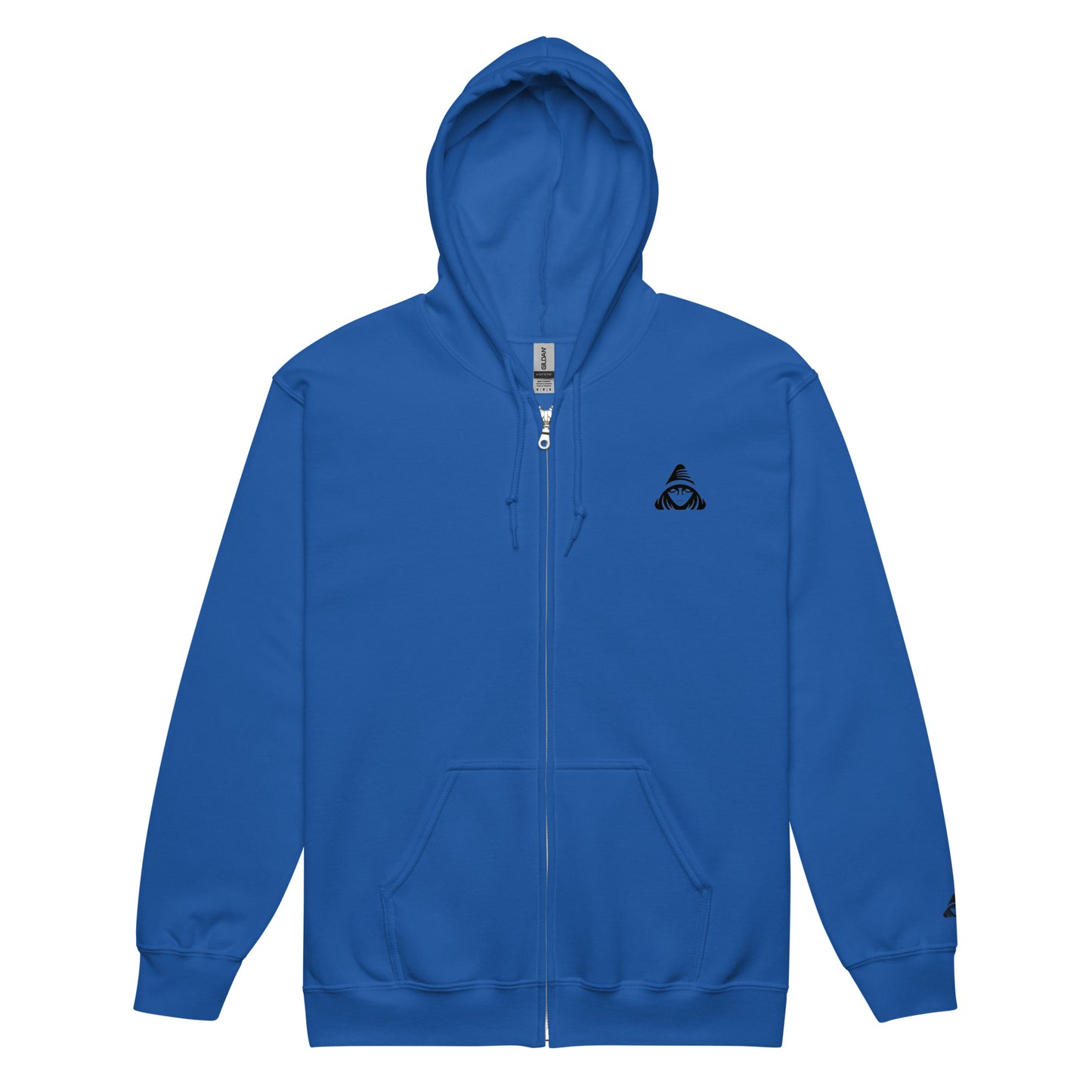 Blue hoodie with a small logo on the chest against a white background