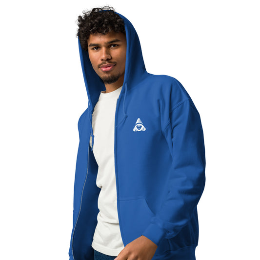 Person wearing a blue hoodie with a logo on a white background