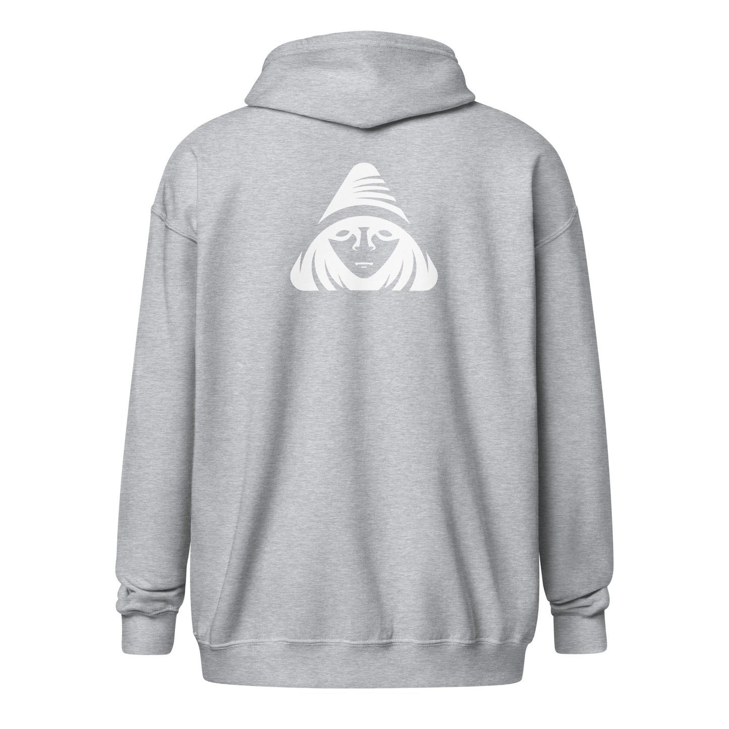 Gray hoodie with a white graphic on the back against a white background