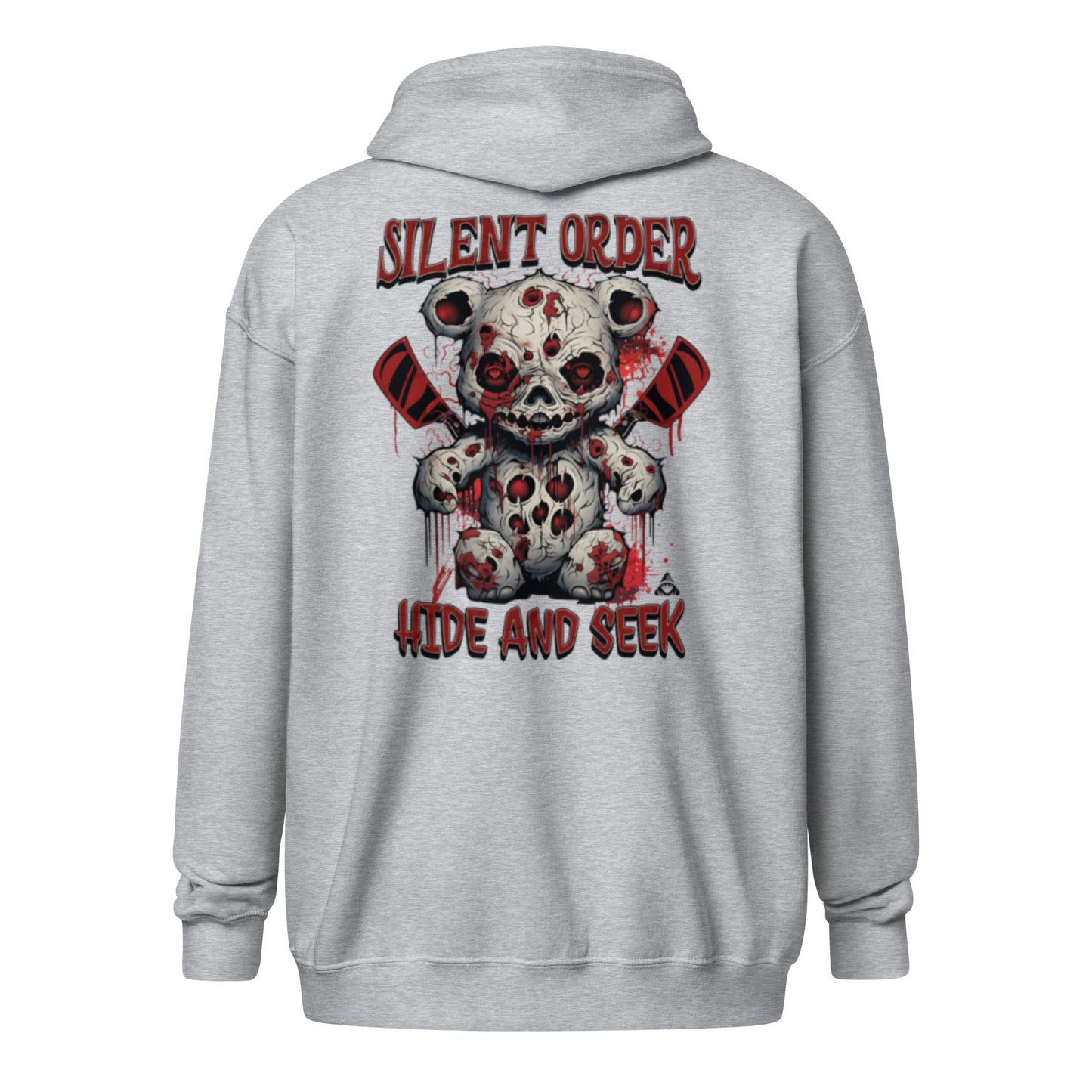 Gray hoodie with a graphic design on the back featuring a bear and text.