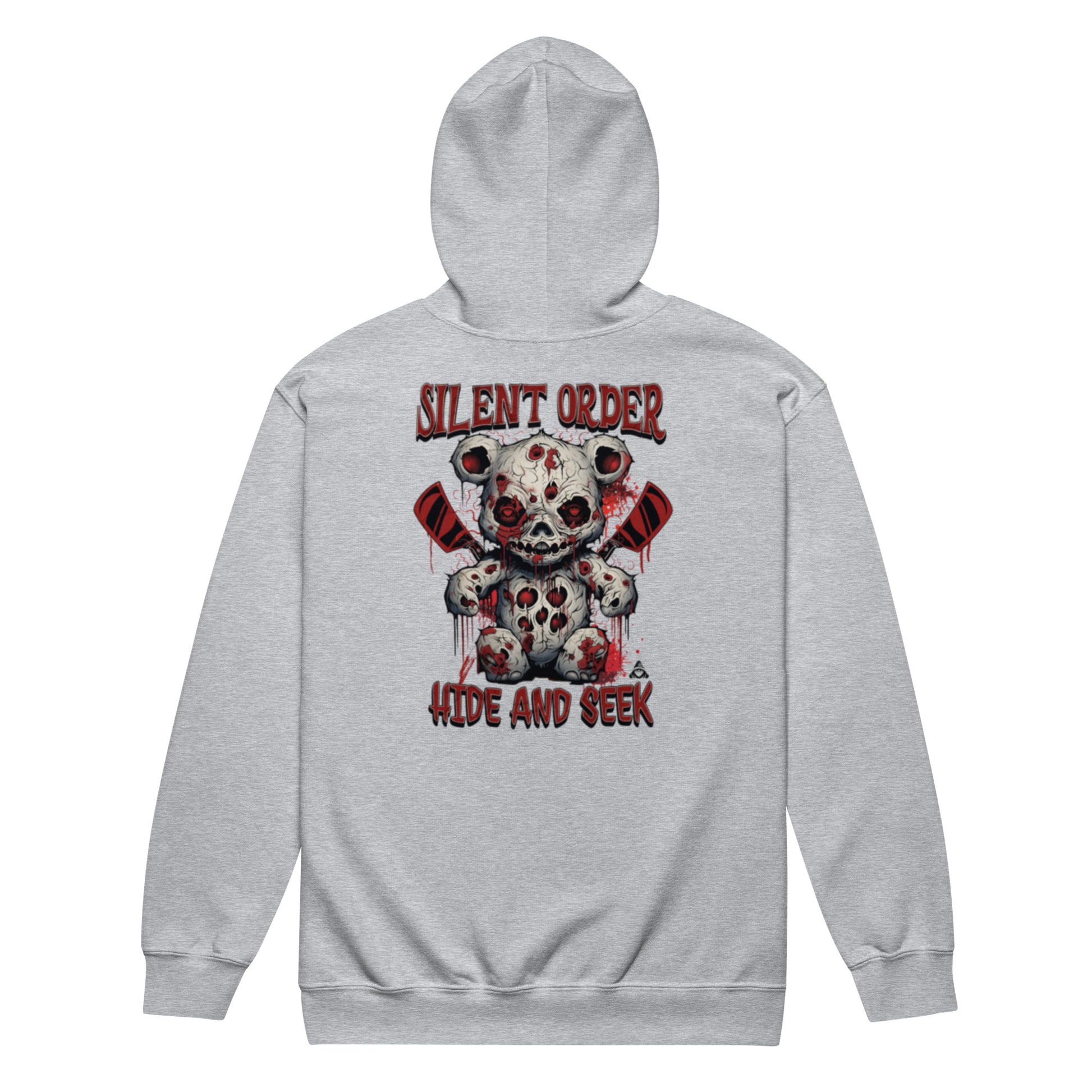 Gray hoodie with a graphic design of a teddy bear holding crossed rifles and text 'Silent Order Hide and Seek' on a white background.